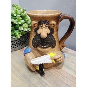 Vtg 1970s Ulgy Face Stoneware Handthrown Pottery Mug 3D Signed Art Hammer Saw